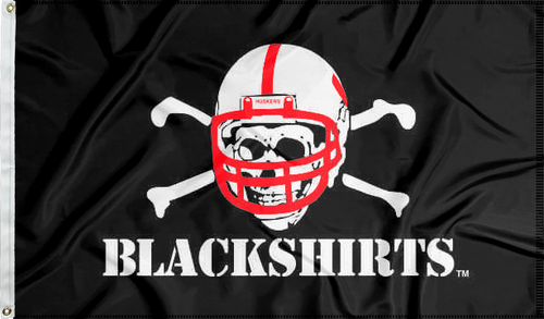 Black Nebraska Huskers flag with original blackshirts logo