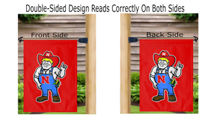 Nebraska Huskers garden flag with Herbie Husker logo reading correctly on both sides from mailbox flagpole