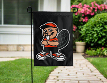 Load image into Gallery viewer, black oregon state garden flag with Benny the Beaver logo for yard decor
