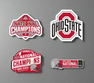 Ohio State Football 2024 College Football Playoff National Champions 4 Pack Car Magnets hanging on metal cabinet door
