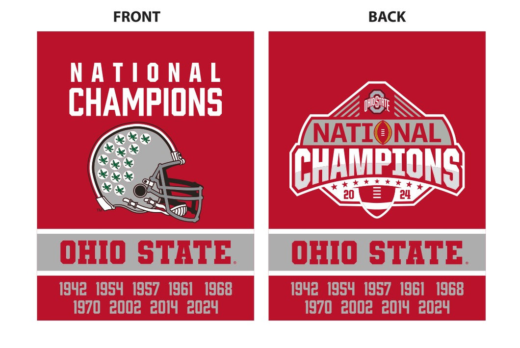 Red 30 by 40 inch long double sided Ohio State Football Nine Time Champions College Football Playoff House Flag