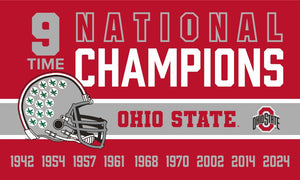 Red 3x5 foot wide Ohio State Football Nine Time National Champions Flag with Two metal grommets