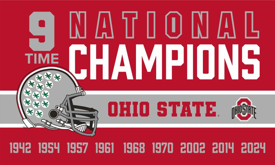 Red 3x5 foot wide Ohio State Football Nine Time National Champions Flag with Two metal grommets
