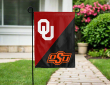 Load image into Gallery viewer, Oklahoma OSU house divided garden flag hung outside for yard decor
