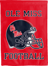 Load image into Gallery viewer, red double sided house flag with Ole Miss football logo for man cave decor
