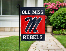 Load image into Gallery viewer, Ole miss garden flag hung outside on a garden flag stand for yard decor
