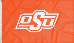 Orange 3x5 feet wide Oklahoma State University Flag with OSU Logo and two metal grommets for indoor home decor
