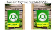 Load image into Gallery viewer, oregon baseball logo reading correctly on both sides of double-sided oregon garden flag
