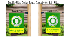 Load image into Gallery viewer, oregon volleyball logo reading correctly on both sides of University of oregon garden flag
