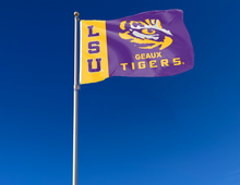 Load image into Gallery viewer, lsu geaux tigers 3x5 flag hung on a flagpole waving in the wind for decor
