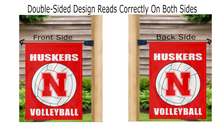 Load image into Gallery viewer, red nebraska volleyball garden flag hung from mailbox flagpole displayed from both sides correctly
