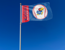 Load image into Gallery viewer, University of Kansas Baseball Flag with attached to flagpole waving in the wind for tailgate decor
