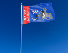 Load image into Gallery viewer, University of Kansas Football Flag hung on a flagpole for tailgate decor
