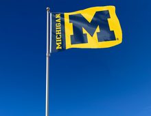 Load image into Gallery viewer, 2 panel 3x5 foot wide University of Michigan with Michigan M Logo and two metal grommets attached to flagpole waving in the wind
