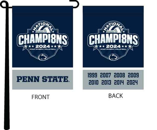 Blue and gray 13 by 18 inch long Penn State Volleyball NCAA Women's Volleyball Championship 2024 Champions Double Sided Garden Flag hanging on black garden flag stand