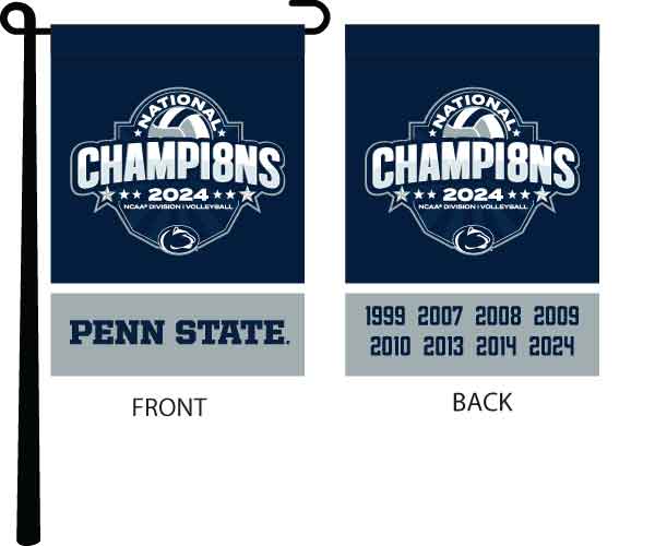 Blue and gray 13 by 18 inch long Penn State Volleyball NCAA Women's Volleyball Championship 2024 Champions Double Sided Garden Flag hanging on black garden flag stand