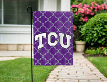 Load image into Gallery viewer, purple tcu garden flag with grey pattern background for yard decor
