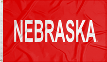 Load image into Gallery viewer, red Nebraska huskers flag with Nebraska wordmark logo
