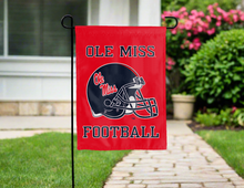 Load image into Gallery viewer, red double sided garden flag with ole miss football logo for yard decor
