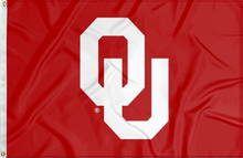 Load image into Gallery viewer, Red 3x5 feet wide University of Oklahoma Flag with two metal grommets for indoor home decor
