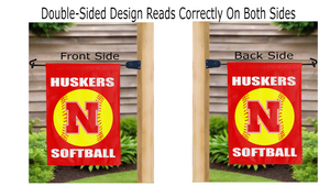 double-sided garden flag with Huskers softball logo reading correctly on both sides