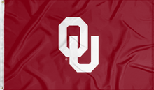 Load image into Gallery viewer, Red 3x5 feet wide University of Oklahoma Applique Flag with two metal grommets for indoor home décor
