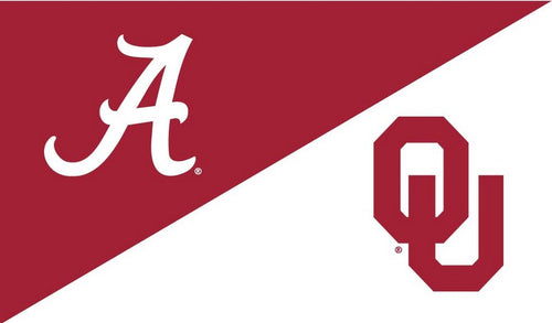 Red and white 3x5 House Divided Flag with University of Alabama and University of Oklahoma Logos