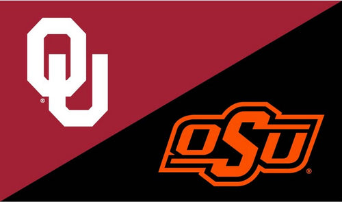 Red and Black 3x5 House Divided Flag with University of Oklahoma and Oklahoma State University Logos