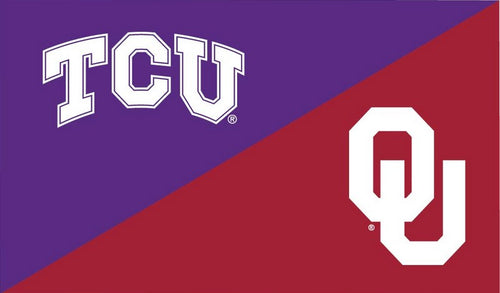 Purple and Red 3x5 House Divided Flag with Texas Christian University (TCU) and University of Oklahoma Logos