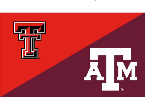 Red and Maroon 3x5 House Divided Flag with Texas Tech University and Texas A&M University Logos