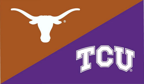 Orange and Purple  3x5 House Divided Flag with University of Texas and Texas Christian University (TCU) Logos