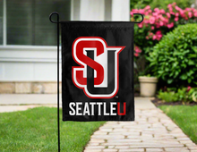 Load image into Gallery viewer, black seattle university garden flag hung outside for yard decor

