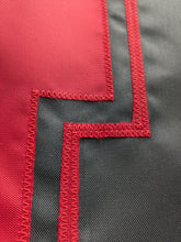 Load image into Gallery viewer, Red N logo sewn onto black three by five foot University of Nebraska Applique flag with two metal grommets

