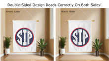 Load image into Gallery viewer, sip logo reading correctly on both sides of white double sided house flag
