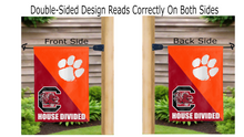 Load image into Gallery viewer, south carolina clemson house divided logos reading correctly on both sides of garden flag
