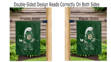 Load image into Gallery viewer, Sparty spartan logo reading correctly on both sides of MSU garden flag
