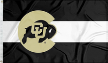Load image into Gallery viewer, State of Colorado Style University of Colorado Flag with three black white and black horizontal stripes and Gold C Logo filled with Buffaloes logo On top of the stripes and two metal grommets
