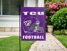 Load image into Gallery viewer, purple tcu football garden flag hung outside the driveway for yard decor
