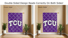 Load image into Gallery viewer, TCU logo reading correctly on both sides of purple house flag with grey pattern background
