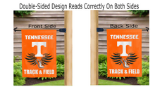 Load image into Gallery viewer, Tennessee track and field logo reading correctly on both sides of garden flag
