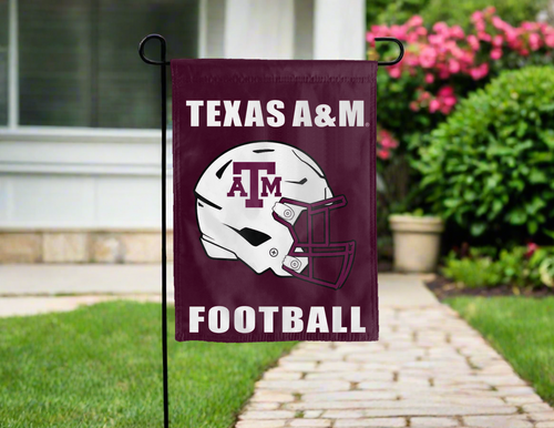 maroon texas A&M football garden flag hung outside for yard decor