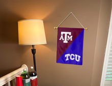 Load image into Gallery viewer, Texas A&amp;M TCU House divided garden flag hung inside for college dorm decor
