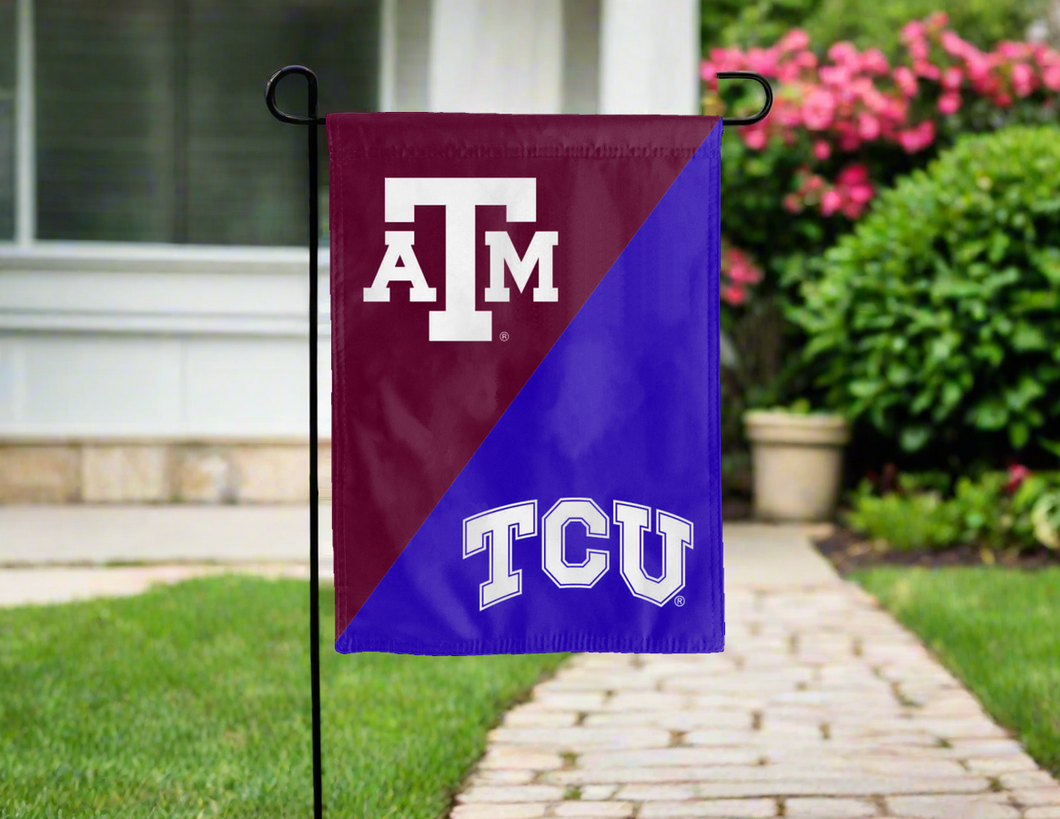 Texas A&M TCU House divided garden flag hung for yard decor