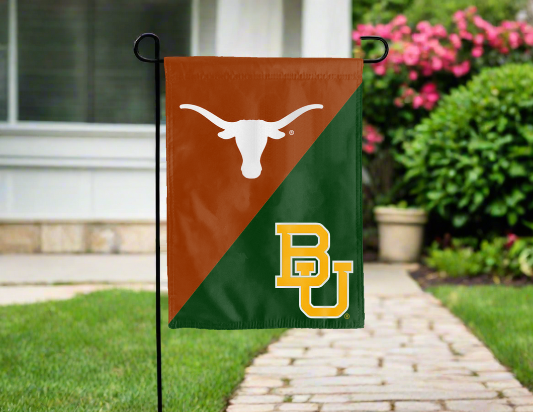 Texas Baylor House Divided Garden Flag hung outside for yard decor