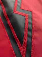 Load image into Gallery viewer, Red N logo sewn onto black three by five foot University of Nebraska Applique flag with two metal grommets
