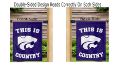 Load image into Gallery viewer, purple double sided kansas state university garden flag with this is country logo hung on mailbox flagpole reading correctly on both sides
