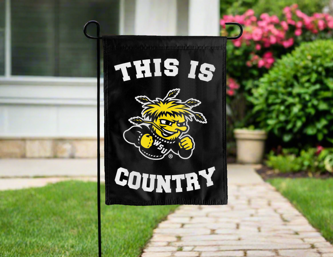 This is WSU shockers country garden flag hung outside for yard decor