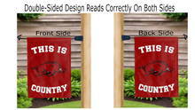 Load image into Gallery viewer, This is Arkansas Razorbacks country logo reading correctly on both sides of red garden flag
