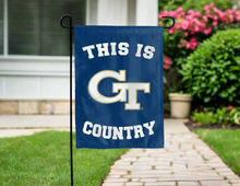 Load image into Gallery viewer, this is georgia tech country garden flag hung outside for yard decor
