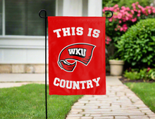 Load image into Gallery viewer, this is wku country garden flag hung outside a driveway for yard decor

